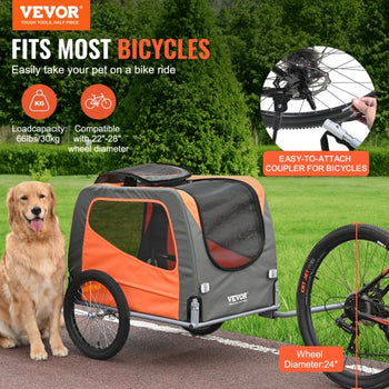 Dog Bike Trailer, Supports up to 66 lbs, Pet Cart Bicycle Carrier, Easy Folding Frame with Quick Release Wheels, Universal Bicycle Coupler, Reflectors, Flag, Collapsible to Store, Orange/Gray
