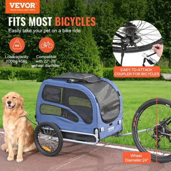 Dog Bike Trailer, Supports up to 100 lbs, Pet Cart Bicycle Carrier, Easy Folding Frame with Quick Release Wheels, Universal Bicycle Coupler, Reflectors, Flag, Collapsible to Store, Blue/Black