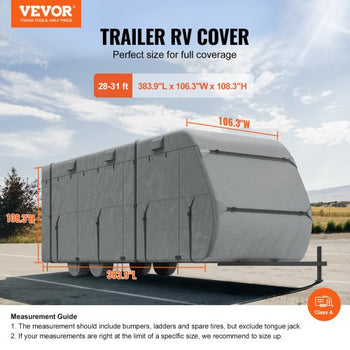 Travel Trailer Cover, 28-31 ft RV Cover, Top 300D Oxford Fabric Camper Cover, Waterproof, Windproof and Rip-Stop Class A RV Cover, with Storage Bag, Repair Patches, Straps and Tire Covers