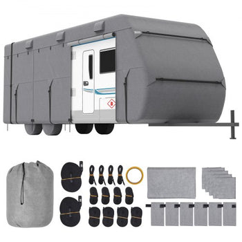 Travel Trailer Cover, 24-27 ft RV Cover, 4-Layer Non-Woven Fabric Camper Cover, Waterproof, Windproof and Rip-Stop Class A RV Cover, with Storage Bag, Repair Patches, Straps and Tire Covers