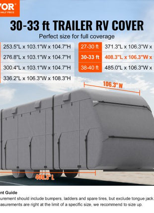 Travel Trailer Cover, 30-33 ft RV Cover, 4-Layer Non-Woven Fabric Camper Cover, Waterproof, Windproof and Rip-Stop Class A RV Cover, with Storage Bag, Repair Patches, Straps and Tire Covers