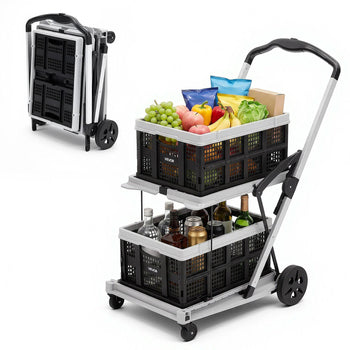 Collapsible Shopping Cart with Wheels Foldable for Grocery Black Gray, 200lbs Capacity Rolling Utility Cart, Storage Crate & Foot Brake, Portable Folding for Groceries, Warehouse, Supermarket