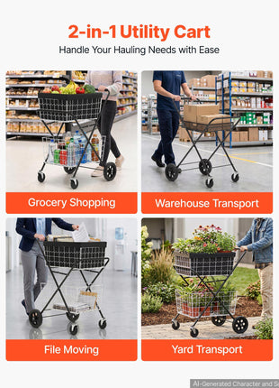 Shopping Cart 2-Tier with Wheels Foldable for Grocery 88lbs Capacity, Heavy Duty Utility Cart with 2 Detachable Storage Baskets, 360° Rolling Swivel Wheels, for Groceries, Warehouse, Supermarket
