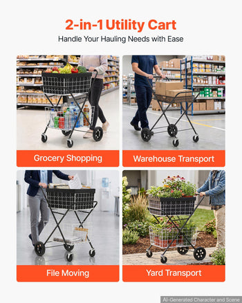 Shopping Cart 2-Tier with Wheels Foldable for Grocery 88lbs Capacity, Heavy Duty Utility Cart with 2 Detachable Storage Baskets, 360° Rolling Swivel Wheels, for Groceries, Warehouse, Supermarket