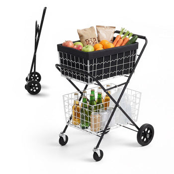 Shopping Cart 2-Tier with Wheels Foldable for Grocery 88lbs Capacity, Heavy Duty Utility Cart with 2 Detachable Storage Baskets, 360° Rolling Swivel Wheels, for Groceries, Warehouse, Supermarket