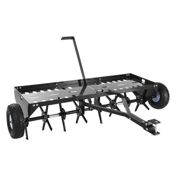 Tow Behind Plug Aerator, 48 in Lawn Core Aerator Tool Universal Hitch, 150lbs Weight Capacity, Heavy Duty Pull Behind Spike Aerators with Tray & 10.6 in Wheels, for Farmland & Garden Tractors