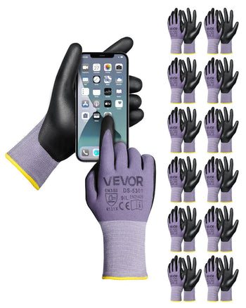 Work Gloves 12 Pairs Touch Screen Nitrile-Coated Garden Construction Gloves