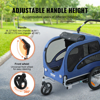 Blue pet stroller with adjustable height handle, 360° swivel front wheel, and mesh for ventilation. Ideal for all heights.