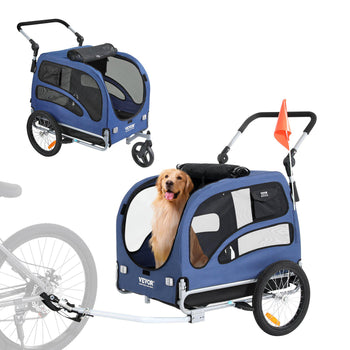 Blue dog bike trailer with mesh windows, collapsible design, and safety flag for pets up to 66 lbs. Ideal for cycling.
