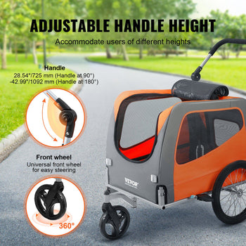 Orange and gray pet stroller with adjustable handle height, universal front wheel for easy maneuvering, lightweight design.