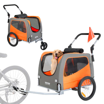 Orange and gray dog bicycle cart with mesh windows, adjustable handle, and flag, ideal for pet transport.
