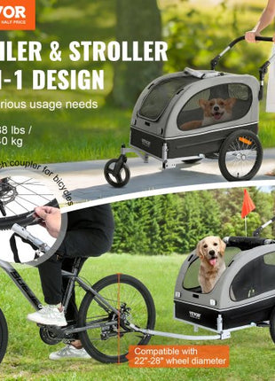 Dog Bike Trailer, Supports up to 88 lbs, 2-in-1 Pet Stroller Cart Bicycle Carrier, Easy Folding Cart Frame with Quick Release Wheels, Universal Bicycle Coupler, Reflectors, Flag, Black/Gray