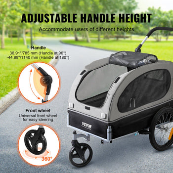 Black and gray adjustable height pet stroller with 360° front wheel and mesh windows for ventilation.
