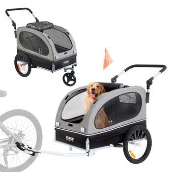 VEVOR pet dog trailer in gray and black, featuring breathable mesh, sturdy wheels, and a cozy interior for dogs.