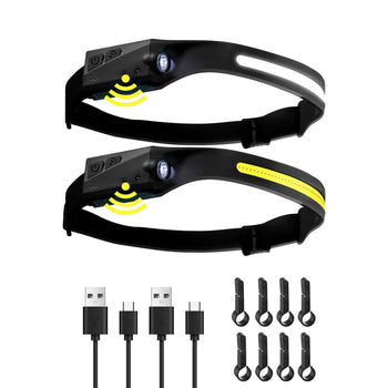 2PCS Rechargeable Headlamp, 350 lumens 230° Wide Beam, 6 Lighting Modes IPX4 Waterproof LED Head Lamp, with Motion Sensor for Camping, Hiking, Running, Repairing, Fishing, Cycling