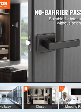 Passage Door Handle, 6 Pack Matte Black Door Lever, Left or Right Handing Reversible Lever Non-Locking, 45° Rotation to Open, Universal Square Interior for Hallways, Closets, Meeting Spaces