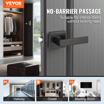 Passage Door Handle, 6 Pack Matte Black Door Lever, Left or Right Handing Reversible Lever Non-Locking, 45° Rotation to Open, Universal Square Interior for Hallways, Closets, Meeting Spaces