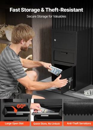 3.6 Cubic Feet Drop Safe, Large Capacity Front Drop Slot Safe Box with Digital Keypad, Heavy Duty 3 Tiers Cash Depository Box with Spare Keys for Cash, Bank Slip, Jewelry, Document, Bill, Black