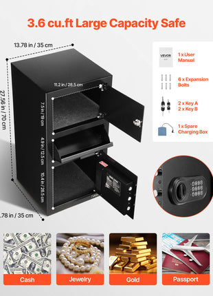 3.6 Cubic Feet Drop Safe, Large Capacity Front Drop Slot Safe Box with Digital Keypad, Heavy Duty 3 Tiers Cash Depository Box with Spare Keys for Cash, Bank Slip, Jewelry, Document, Bill, Black