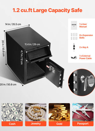 1.2 Cubic Feet Drop Safe, Large Capacity Front Drop Slot Safe Box with Digital Keypad, Heavy Duty 2 Tiers Cash Depository Box with Spare Keys for Cash, Bank Slip, Jewelry, Document, Bill, Black