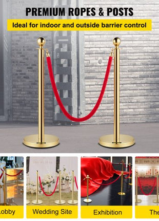 Velvet Ropes and Posts, 5 ft/1.5 m Red Rope, Stainless Steel Gold Stanchion with Ball Top, Red Crowd Control Barrier Used for Theaters, Party, Wedding, Exhibition, Ticket Offices 2 Pack Sets