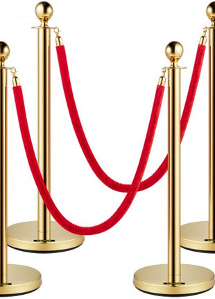 Velvet Ropes and Posts, 5 ft/1.5 m Red Rope, Stainless Steel Gold Stanchion with Ball Top, Red Crowd Control Barrier Used for Theaters, Party, Wedding, Exhibition, Ticket Offices 4 packSets