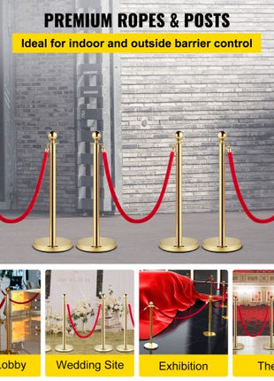 Velvet Ropes and Posts, 5 ft/1.5 m Red Rope, Stainless Steel Gold Stanchion with Ball Top, Red Crowd Control Barrier Used for Theaters, Party, Wedding, Exhibition, Ticket Offices Pack Sets (6)