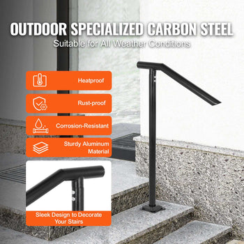 3Ft Step Railing, Iron Stair Handrail Floor Mounted Sturdy Black Arched Handrails for Outdoor Indoor Steps Fits 2 to 3 Steps