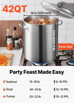 Stainless Steel Stockpot, 42 Quart Large Cooking Pots, Cookware Sauce Pot with Basket, Lid, and Handle, Heavy Duty Commercial Grade Stock Pot, Sanding Treatment, for Large Groups Events Silver