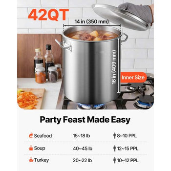 Stainless Steel Stockpot, 42 Quart Large Cooking Pots, Cookware Sauce Pot with Basket, Lid, and Handle, Heavy Duty Commercial Grade Stock Pot, Sanding Treatment, for Large Groups Events Silver