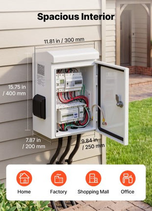 Outdoor Electrical Box, Cold-Rolled Steel, Electrical Junction Box with Thermostat and Fan, Rain Hood, Ventilated Design, IP65 Waterproof Hinged Enclosure, Wall/Pole Mounted, 16 x 12 x 8 in