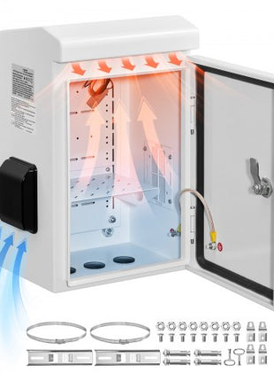 Outdoor Electrical Box, Cold-Rolled Steel, Electrical Junction Box with Thermostat and Fan, Rain Hood, Ventilated Design, IP65 Waterproof Hinged Enclosure, Wall/Pole Mounted, 16 x 12 x 8 in