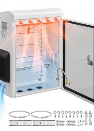 Outdoor Electrical Box, Cold-Rolled Steel, Electrical Junction Box with Thermostat and Fan, Rain Hood, Ventilated Design, IP65 Waterproof Hinged Enclosure, Wall/Pole Mounted, 20 x 16 x 8 in