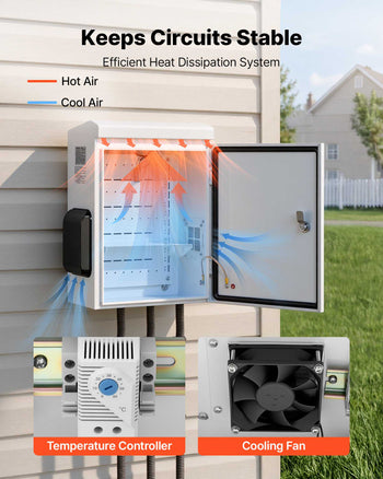 Outdoor Electrical Box, Cold-Rolled Steel, Electrical Junction Box with Thermostat and Fan, Rain Hood, Ventilated Design, IP65 Waterproof Hinged Enclosure, Wall/Pole Mounted, 20 x 16 x 8 in