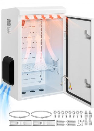 Outdoor Electrical Box, Cold-Rolled Steel, Electrical Junction Box with Thermostat and Fan, Rain Hood, Ventilated Design, IP65 Waterproof Hinged Enclosure, Wall/Pole Mounted, 24 x 16 x 12 in