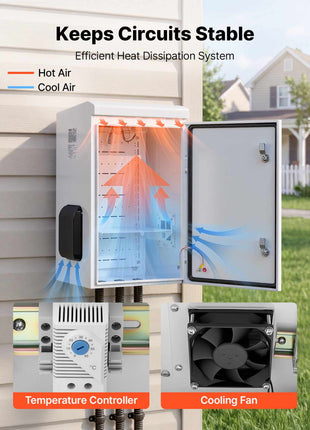 Outdoor Electrical Box, Cold-Rolled Steel, Electrical Junction Box with Thermostat and Fan, Rain Hood, Ventilated Design, IP65 Waterproof Hinged Enclosure, Wall/Pole Mounted, 24 x 16 x 12 in