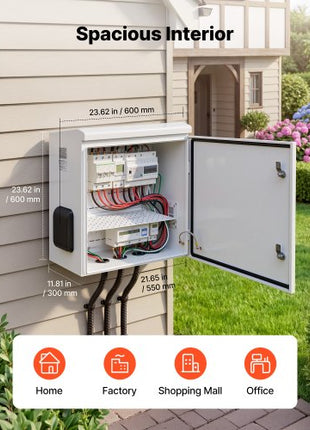 Outdoor Electrical Box, Cold-Rolled Steel, Electrical Junction Box with Thermostat and Fan, Rain Hood, Ventilated Design, IP65 Waterproof Hinged Enclosure, Wall/Pole Mounted, 24 x 24 x 12 in