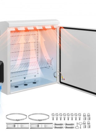 Outdoor Electrical Box, Cold-Rolled Steel, Electrical Junction Box with Thermostat and Fan, Rain Hood, Ventilated Design, IP65 Waterproof Hinged Enclosure, Wall/Pole Mounted, 24 x 24 x 12 in