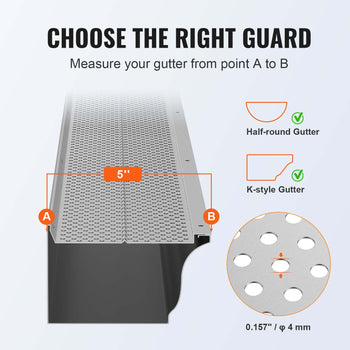 Stainless steel gutter guard, 5" wide, suitable for half-round and K-style gutters, featuring 0.157" / 4 mm perforations.