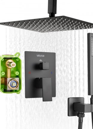 Shower Faucet Set, Rainfall Bathroom Shower System with 10-Inch Square Rain Shower Head and Handheld Spray, Ceiling Mount Bath Fixtures with Brass Valve and Trim Kit, Matte Black