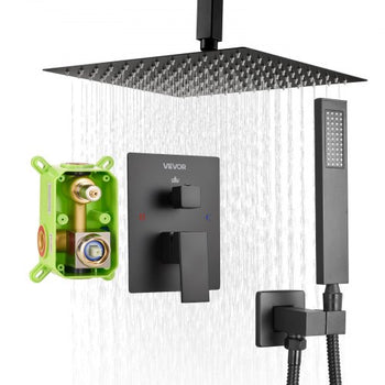 Shower Faucet Set, Rainfall Bathroom Shower System with 10-Inch Square Rain Shower Head and Handheld Spray, Ceiling Mount Bath Fixtures with Brass Valve and Trim Kit, Matte Black