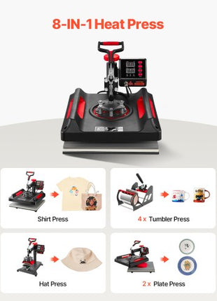 Heat Press Machine 8 in 1 Combo, Heat Press 15x15, Swing Away T Shirt Printing Machine Digital Control, Multifunction Heat Transfer Machine Sublimation Heat Press for T-Shirt Hat Cap Mug Plate