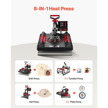 Heat Press Machine 8 in 1 Combo, Heat Press 15x15, Swing Away T Shirt Printing Machine Digital Control, Multifunction Heat Transfer Machine Sublimation Heat Press for T-Shirt Hat Cap Mug Plate