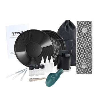 VEVOR gold panning kit, includes black plastic pans, collection bottles, green scoop, and carrying pouch.