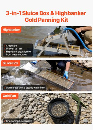 Highbanker Gold Panning Kit, 50" 3-in-1 Folding High Banker Gold Sluice Box, 26 PCS Portable Mining Equipment Prospecting Kit with Gold Pans, Classifier Screen, Magnet, Backpack, and Accessories