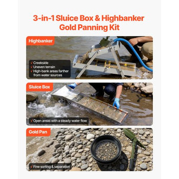 Highbanker Gold Panning Kit, 50" 3-in-1 Folding High Banker Gold Sluice Box, 26 PCS Portable Mining Equipment Prospecting Kit with Gold Pans, Classifier Screen, Magnet, Backpack, and Accessories