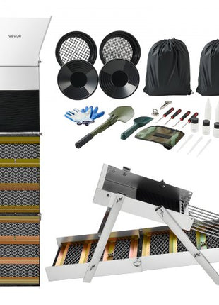 Highbanker Gold Panning Kit, 50" 3-in-1 Folding High Banker Gold Sluice Box, 26 PCS Portable Mining Equipment Prospecting Kit with Gold Pans, Classifier Screen, Magnet, Backpack, and Accessories