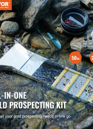 Folding Sluice Box Gold Panning Kit,  50 Inch 23pc Gold Prospecting Equipment Kit with Gold Pan, Classifier Screen, Separating Magnet, Backpack and More