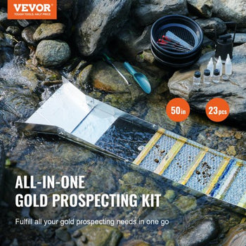Folding Sluice Box Gold Panning Kit,  50 Inch 23pc Gold Prospecting Equipment Kit with Gold Pan, Classifier Screen, Separating Magnet, Backpack and More