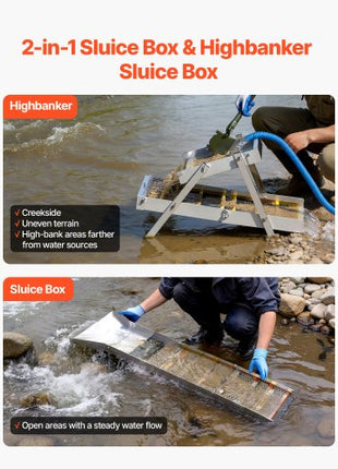High Banker Gold Sluice, 50" 2-in-1 Folding Highbanker Sluice Box, Aluminum Alloy, Portable Mining Equipment with Drawstring Backpack and Gloves, for Gold Prospecting in Creek, High Bank, River